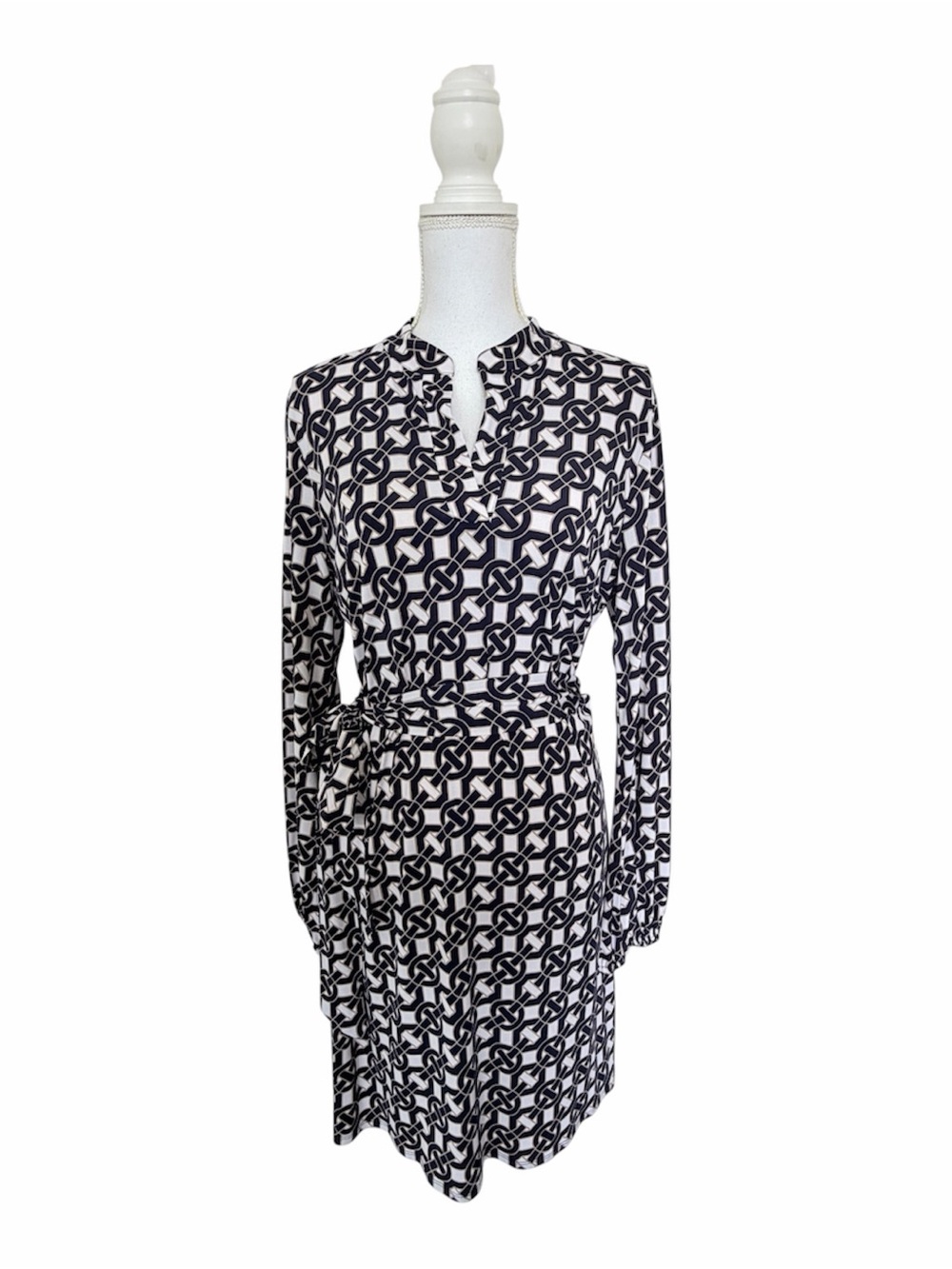 Laundry by Design Navy White Chain Link Print Belted Jersey Midi Dress Size M